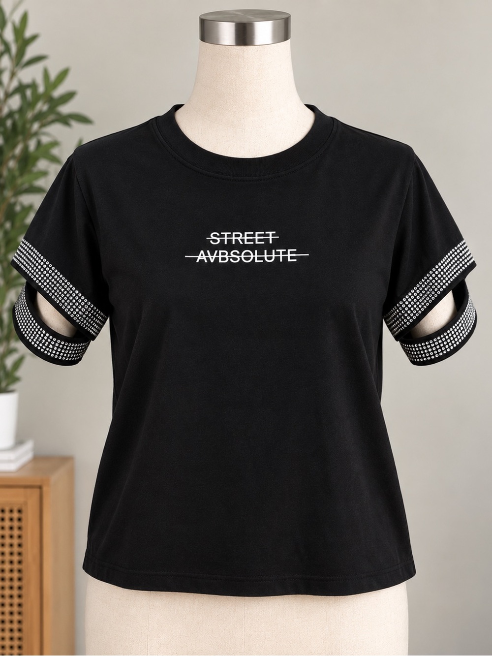 ROSSO Black Rhinestone Cutout Sleeve Graphic Top